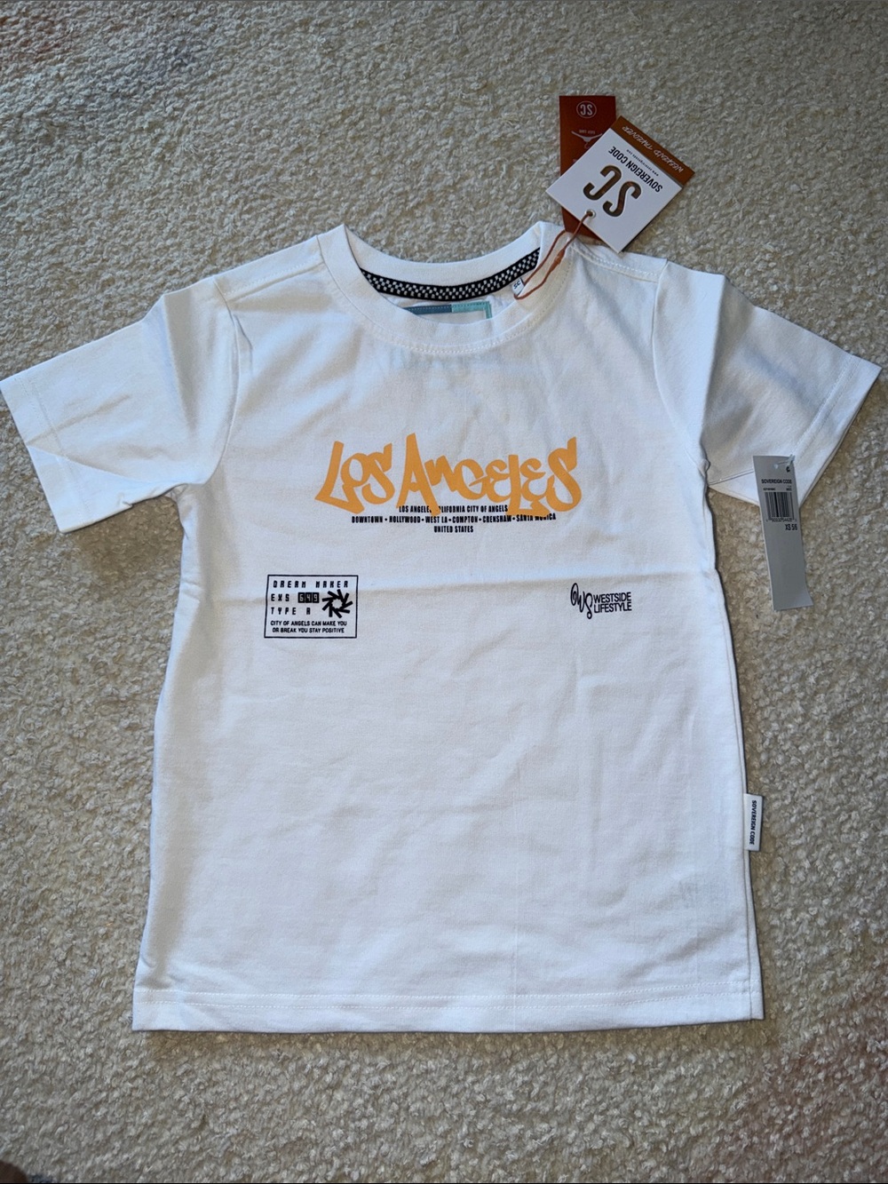 NEW Sovereign Code Kids' White Tee with Yellow 'Los Angeles' Graphic